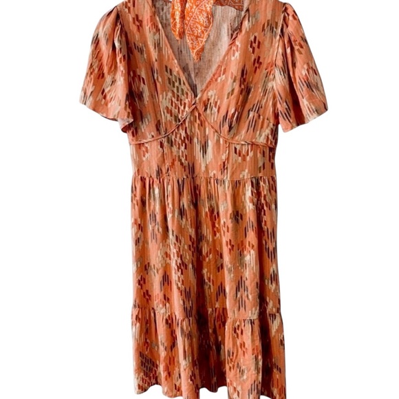Knox Rose Rust Ikat Print V-Neck Tiered Midi Prairie Dress Women’s Size Medium - Picture 1 of 14